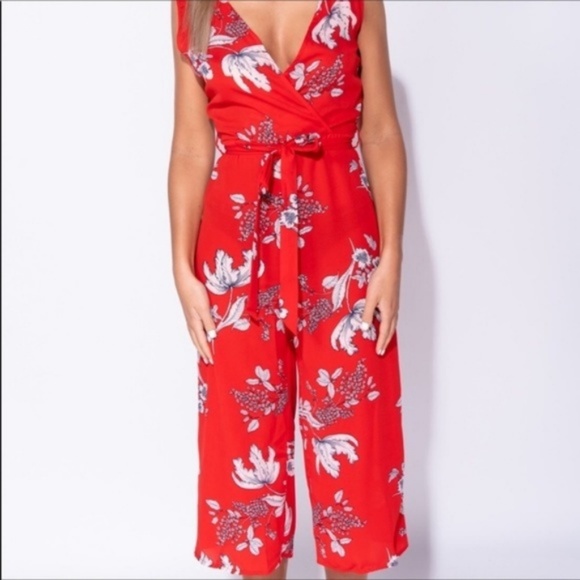 Cali Red Floral Cropped Belted Jumpsuit - Picture 6 of 7